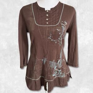 Y2K Euro Subversive Blue and Brown Layered Button Top Size L